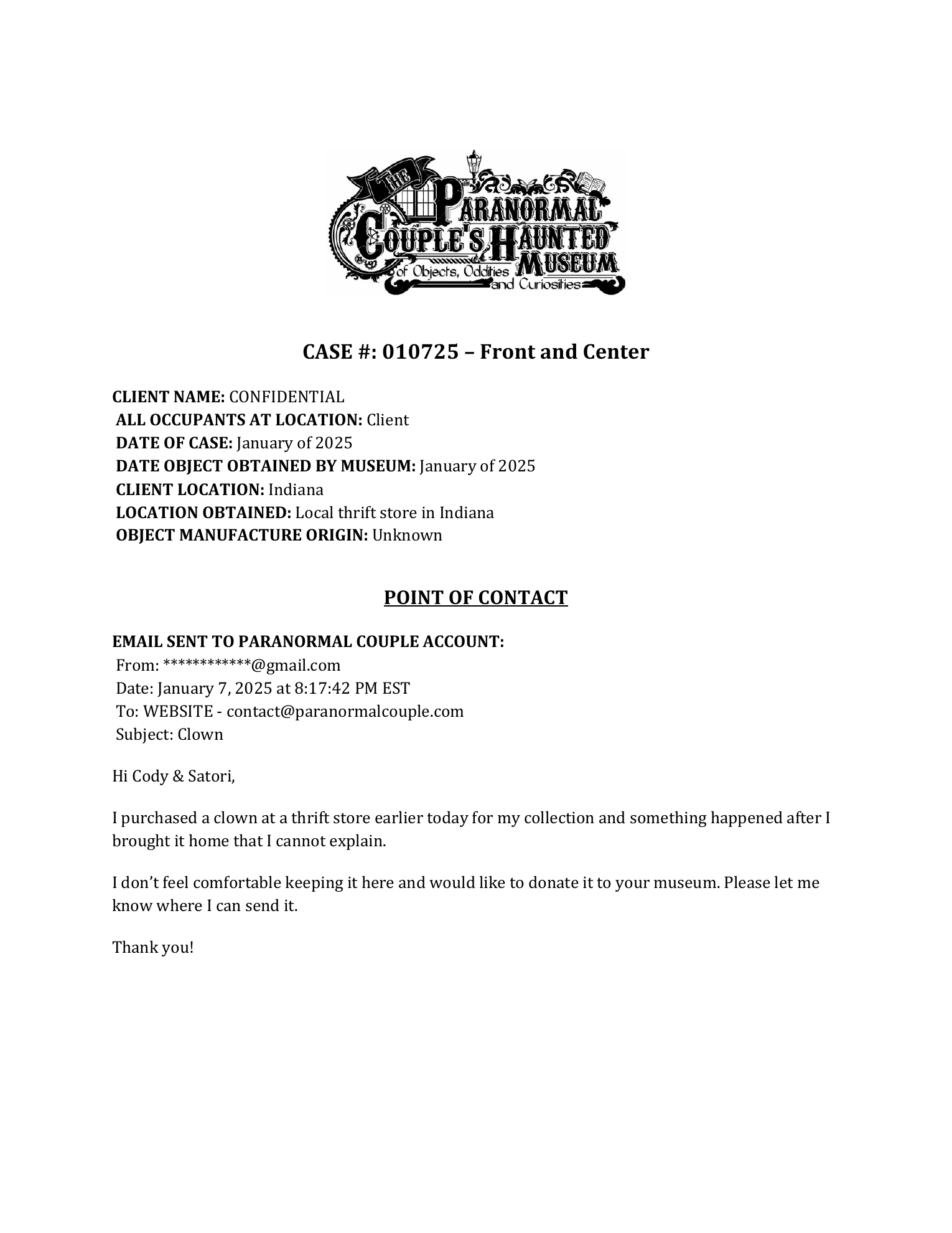Front and Center case file page 1 of 5