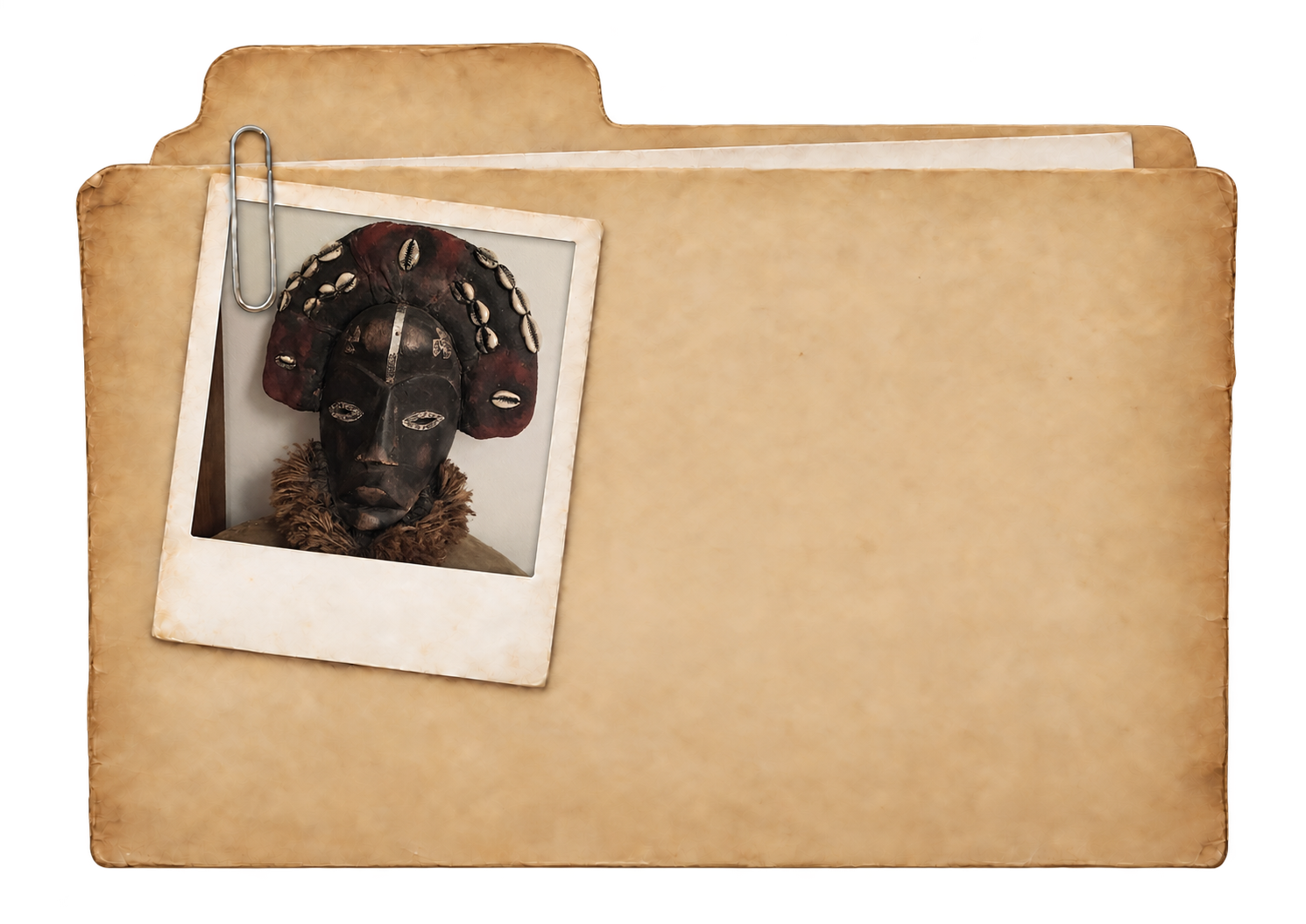 An aged archival folder with a clipped Polaroid photograph of the Ancestor Fire Mask