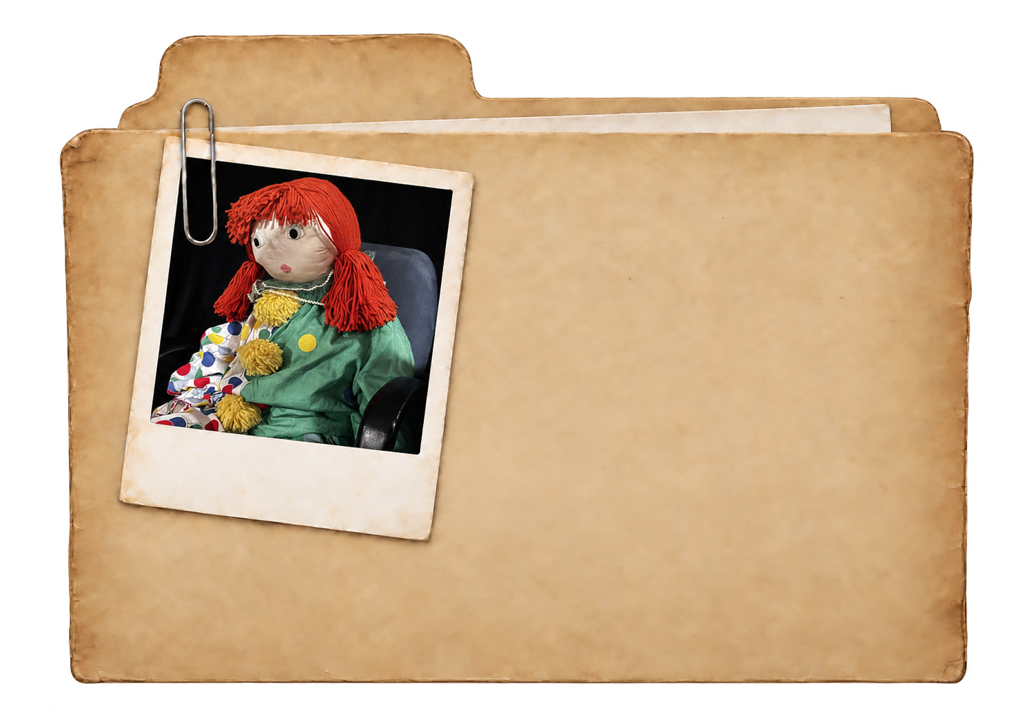 An aged archival folder with a clipped Polaroid photograph of Jolene
