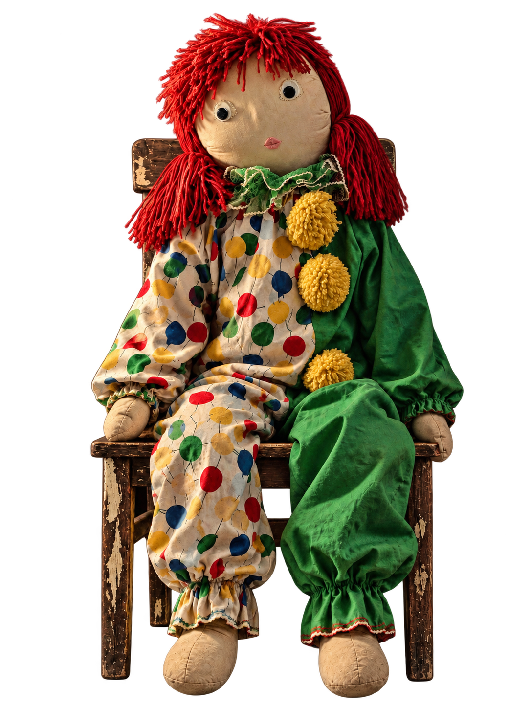 Jolene, a vintage cloth doll seated in a wooden chair